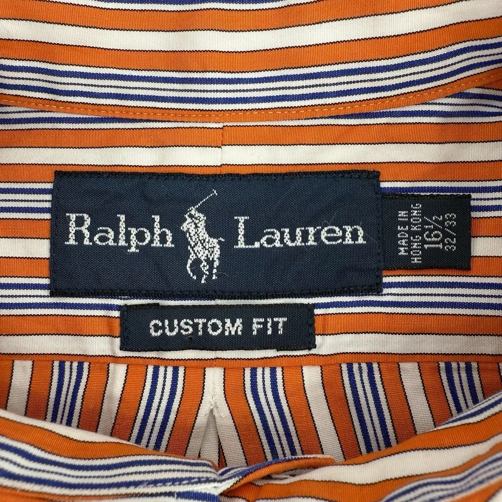 Ralph Lauren Shirt Men's L Custom Fit Long Sleeve Orange Blue Stripe Hong‎ Kong